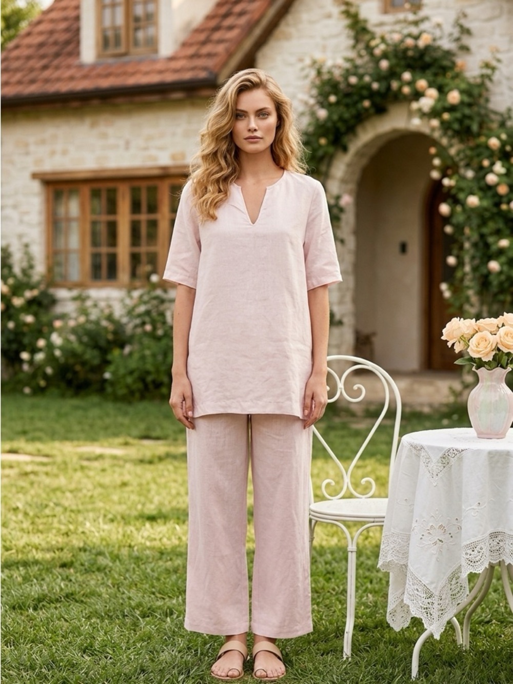 Saks Fifth Avenue Women’s Light Pink 100% Linen Top V-Neck Resort Vacation